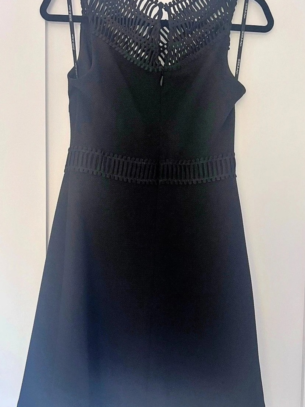 Guess Black Mini Dress GUESS black dress woven lattice neckline caged waist